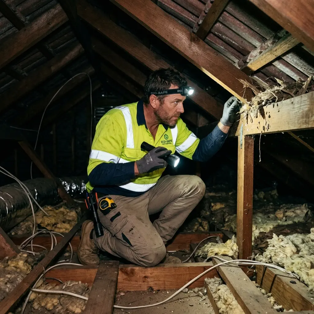 Technician inspecting a roof cavity for a dead animal in Karingal