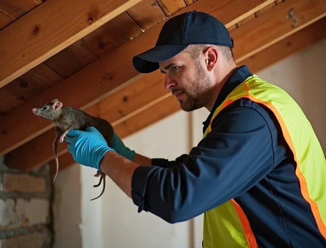 Technician inspecting a roof cavity for a dead rat in Karingal